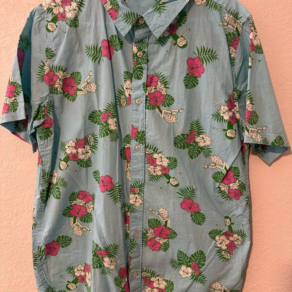 Rick & Morty Hawaiian Print Short Sleeve Button Down Shirt - Large